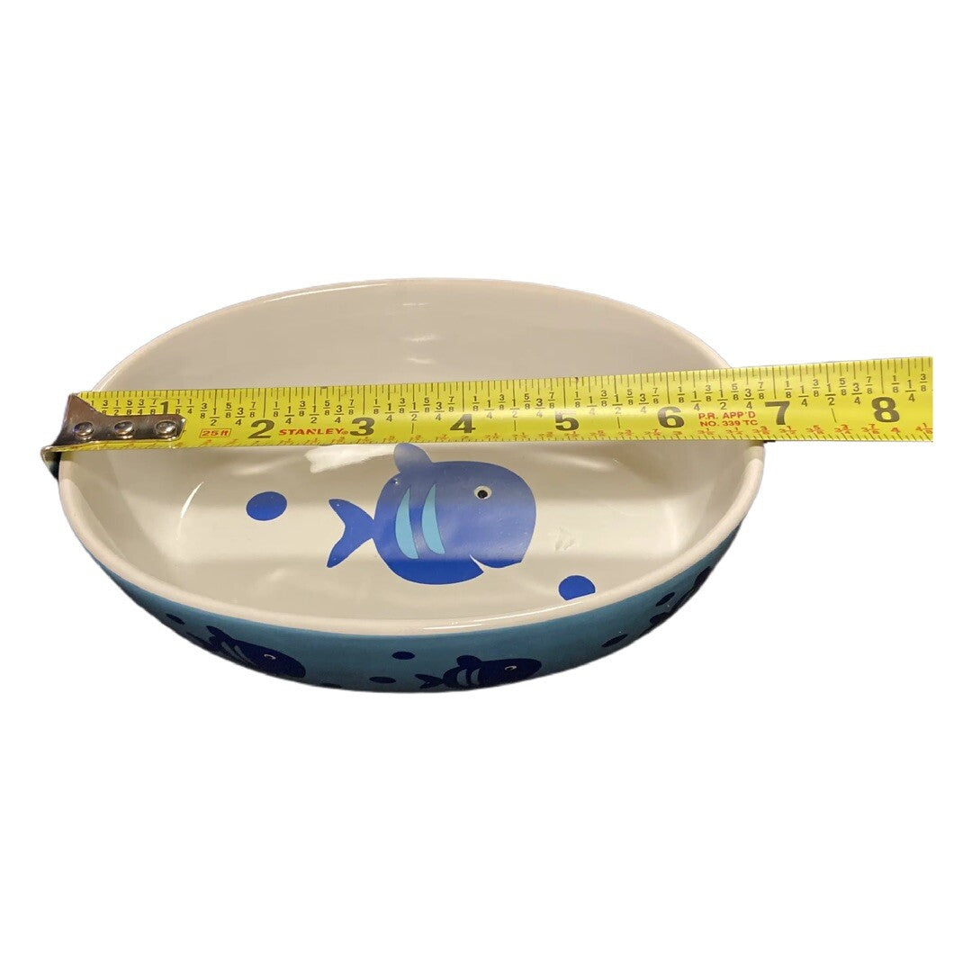 PetRageous Designs Oval Cat Bowl HandCrafted Stoneware Food Water Dish Blue Fish