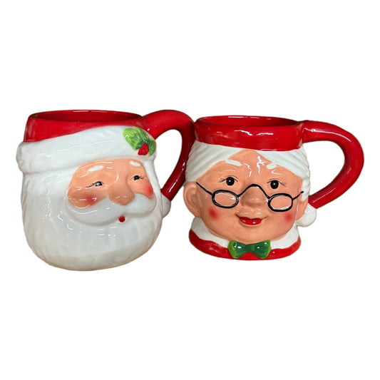 Pier 1 Imports 2- Mugs Santa & Mrs Claus Coffee Cups Hand Painted Dolomite 18oz