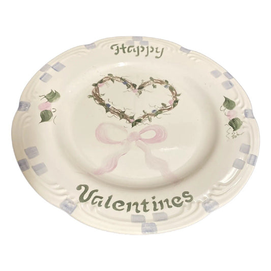 Pfaltzgraff Happy Valentines 10.5” Dinner Plate Heart Wreath Pink Bow