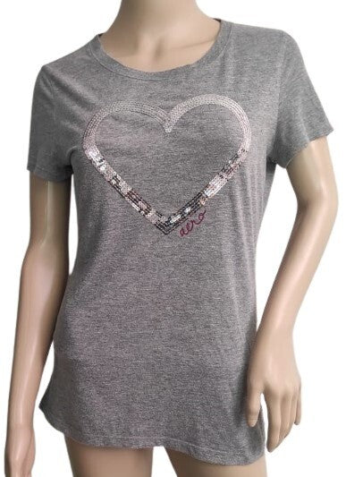Aeropostale T-Shirt Heart Embellished Sequins L Gray Short Sleeves Crew Neck Top