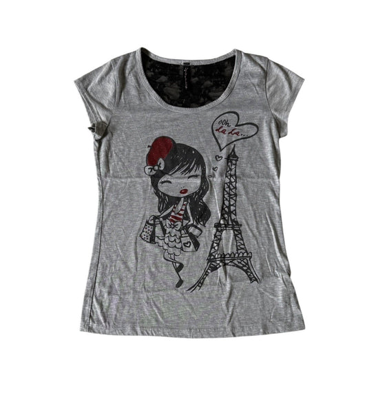 Lily Blue Ooh La La French Girls T-Shirt Lace Embellished Glitter Eiffel Tower L