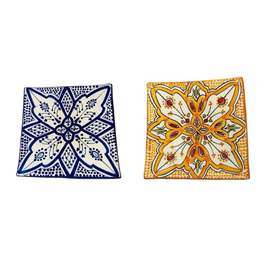 Set of 6 Moroccan Hand Painted Pottery Plates – 3 Blue, 3 Orange Square 6.5”