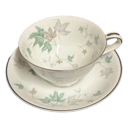 Noritake Greenwood 4-Footed Cups 4 Saucers Tea Set Silver Trim Leaves Japan 5769
