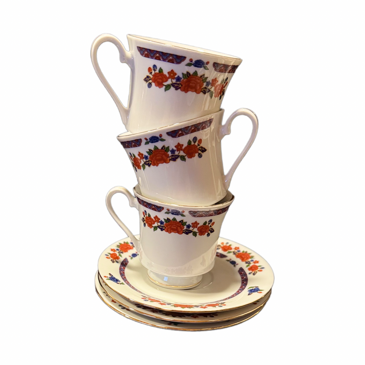 3 CROWN MING OLD IMARI Cup & Saucer Sets Jian Shiang China Faded Gold Trim