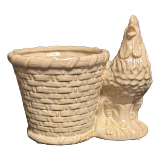 Ceramic Rooster Basket Planter — Cream, Farmhouse Country Decor, 5.5" (Vintage)