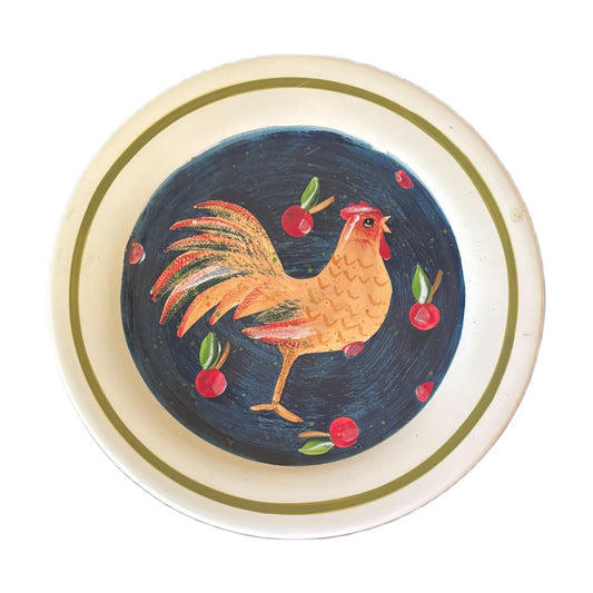 4-Rooster Salad Plates Blue Red Apples Ceramic Dessert Luncheon Appetizer Dishes