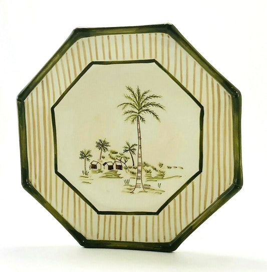 Waverly TAHITI Luncheon Plate Hand Painted Octagonal Palm Trees Stripes 9”D Dish