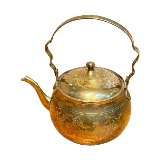 Solid Brass Teapot Kettle with Lid — Etched Floral, Folding Handle, India (Vintage)
