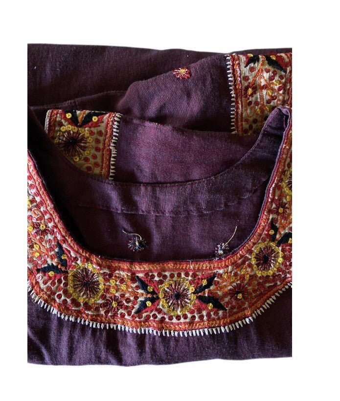 Women Embroidered Dress Kurti Indian Embellished Mirrors Tunic Top Purple Kurta