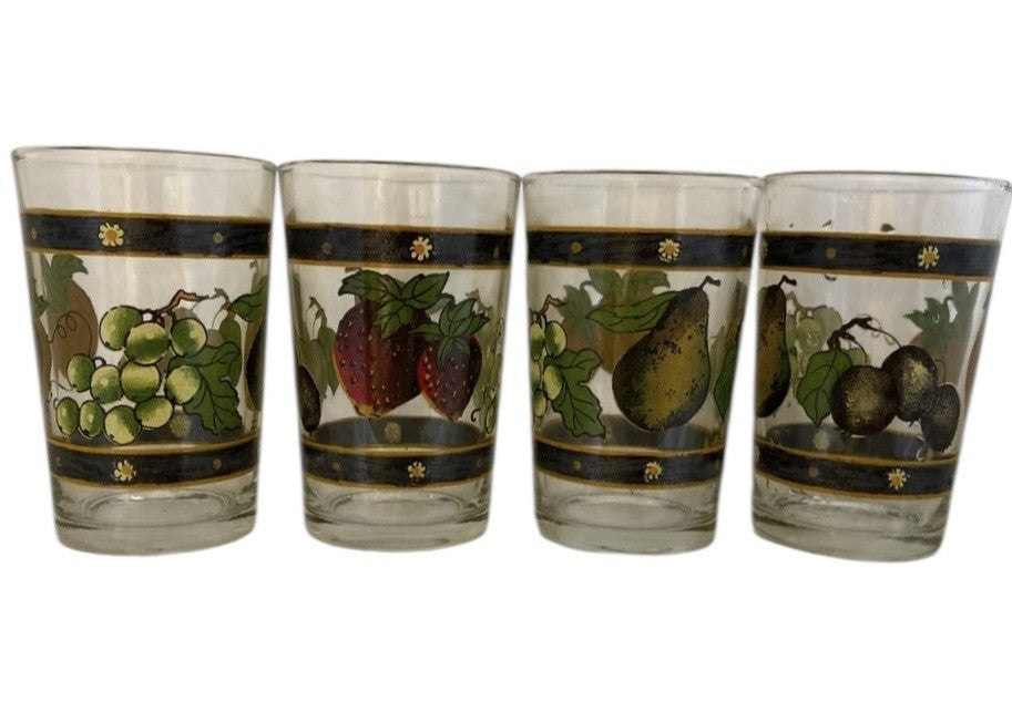 Vintage KIG Indonesia 4- Drinking Glass Fruit STRAWBERRY-GRAPE-PLUM-PEAR 6 fl.oz