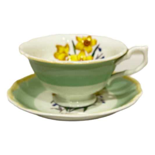 Royal Sealy Japan Daffodil Teacup & Saucer Set Green Yellow Floral Vintage