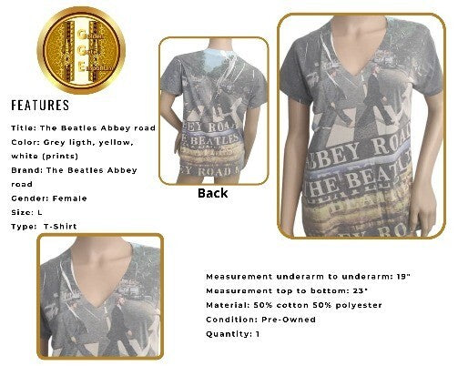 T-Shirt Abbey Road The Beatles L Woman Gray White Yellow Tee V Neck Top