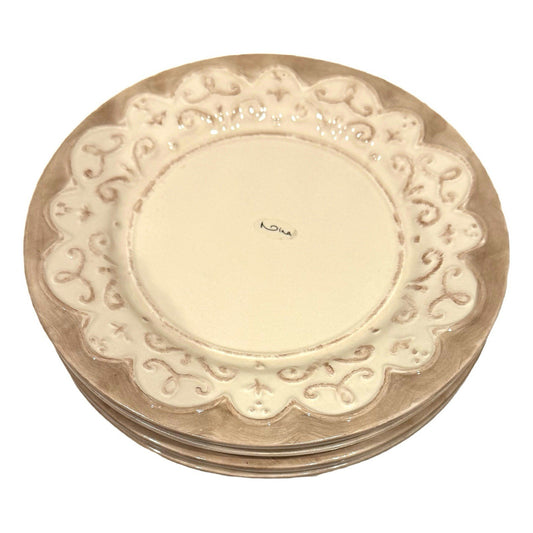 Nina Campbell Embossed 4 Salad Plates 8.5” Cream & Taupe – Rare Elegant Design