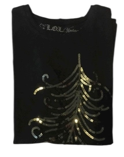 LOL Vintage Women’s Large Black T-Shirt ✦ Gold Sequin Peacock Feather Design Top