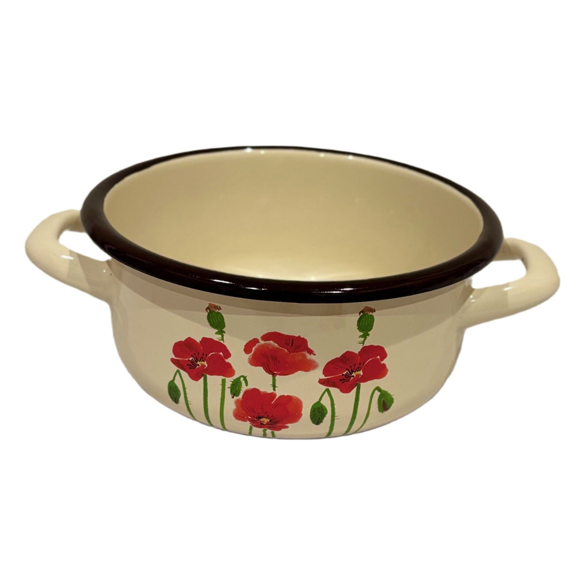 EMALIA OLKUSZ Cooking Pot 1907 Red Floral Cream Enamelware Handles Black Trim