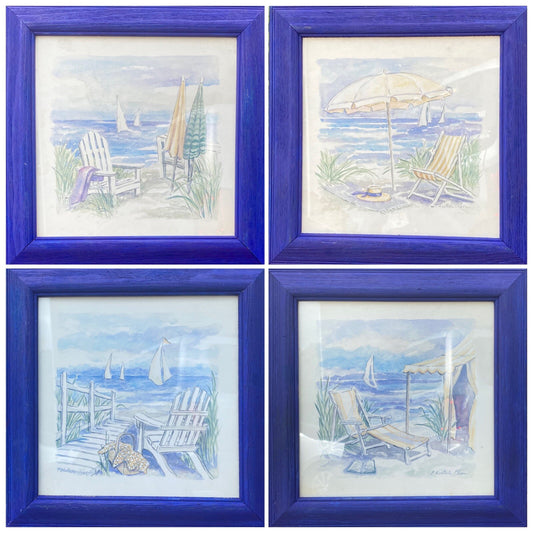 Vintage Set of 4 Charlene Winterle Olson Coastal Beach Prints Blue Frame 11.5"