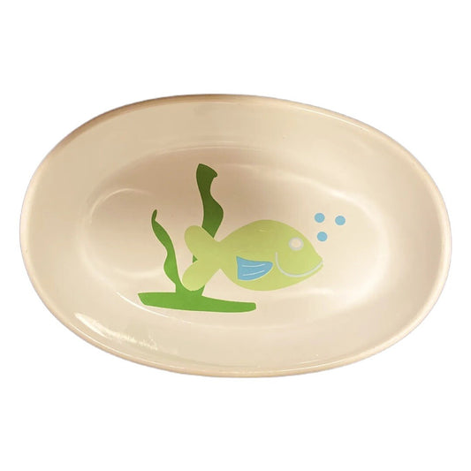 PetRageous Designs White Oval Cat Bowl Stoneware Food Water Dish Green Blue Fish