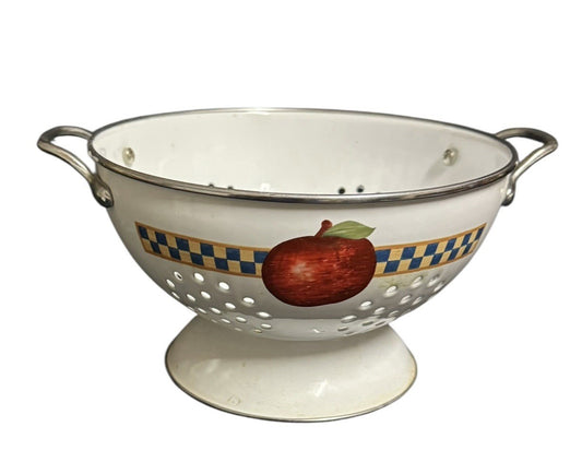 Enamelware Apple Pedestal Colander — Checkered Farmhouse Decor, 8⅞" (Vintage Style)