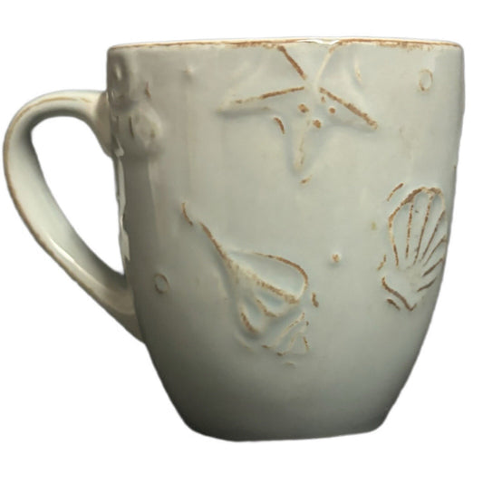 Thomson Pottery Cape Cod Coffee Mugs, Set of 4 — Blue Embossed Seashells, Nautical