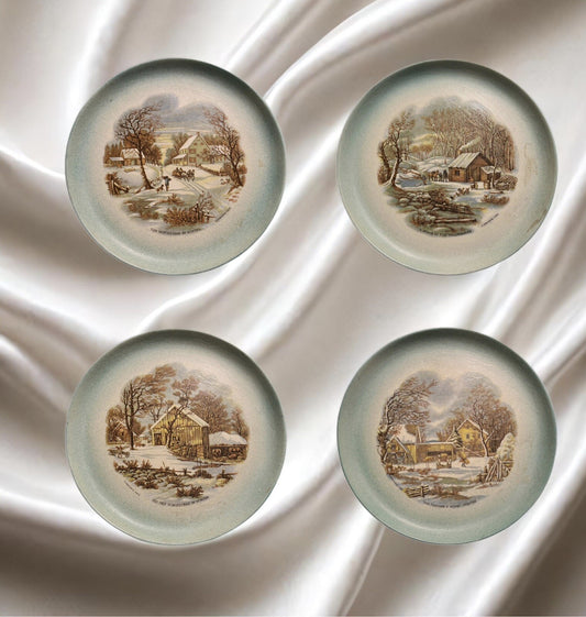 RARE Currier & Ives 4 Plates THE HOMESTEAD IN WINTER Collection BEAGLE APRIL1975