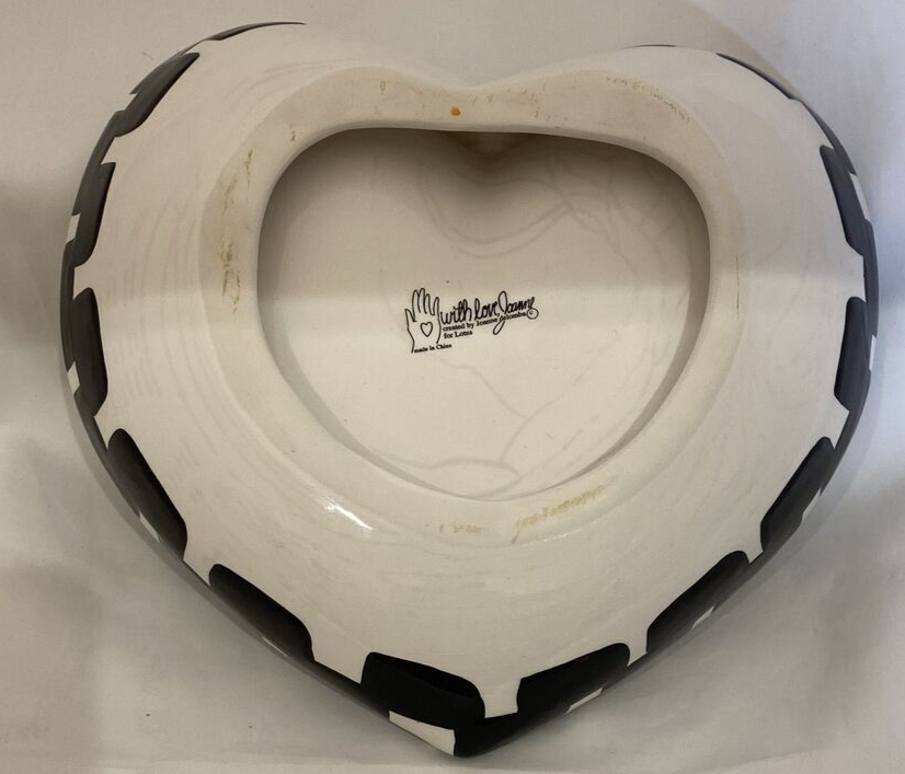 Joanne Delomba W/ Love For Lotus Serving Heart Shaped Dish Black Rim White Dots