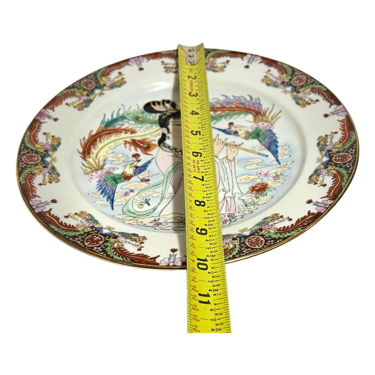 FAMILLE ROSE HandPainted Vintage Plate Porcelain Birds Asian Woman Playing Flute