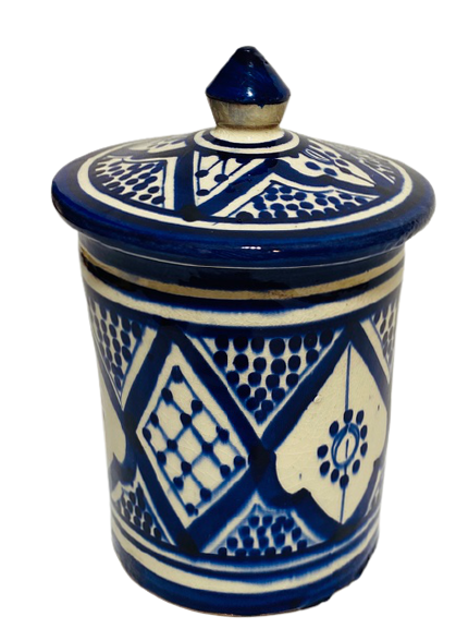 Handmade Moroccan Blue Ceramic Jar 24oz Kechla Fassi Sugar Coffee Canister Decor