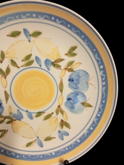 Gibson Designs CONCORDIA Dinner Plate 10 1/8" Blue Yellow Bands & Fruits
