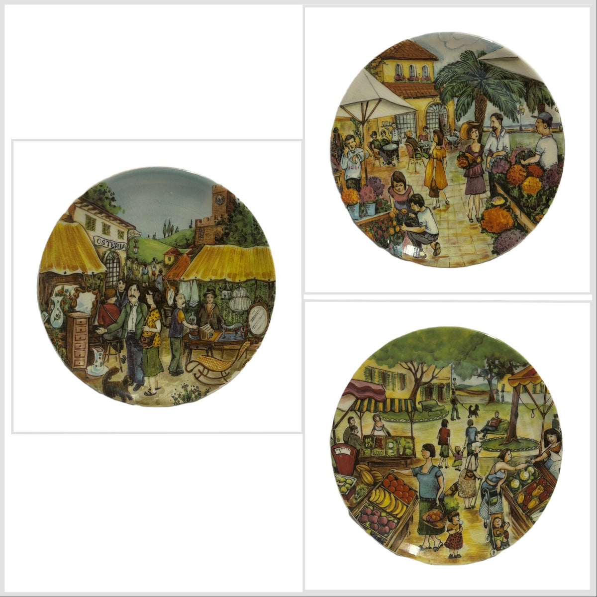 Vintage MARKET SCENE 3-Salad Plates Dessert Appetizer Dish Italy 8 1/4" D