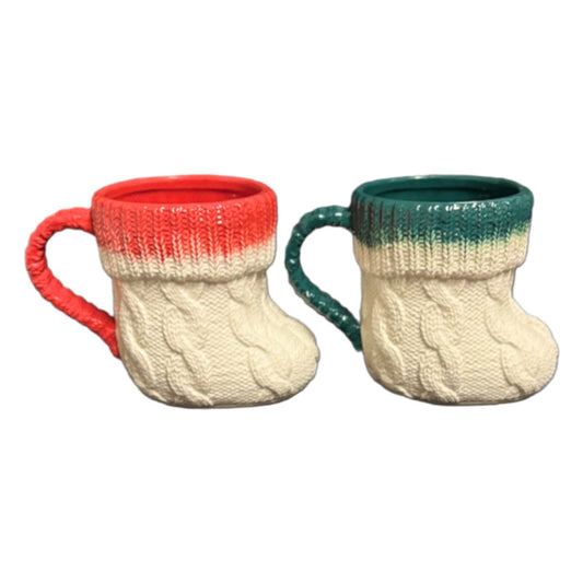 Anthropologie 2-Mugs CABLE KNIT Design Winter Holiday Boot Shape Coffee Tea Cups