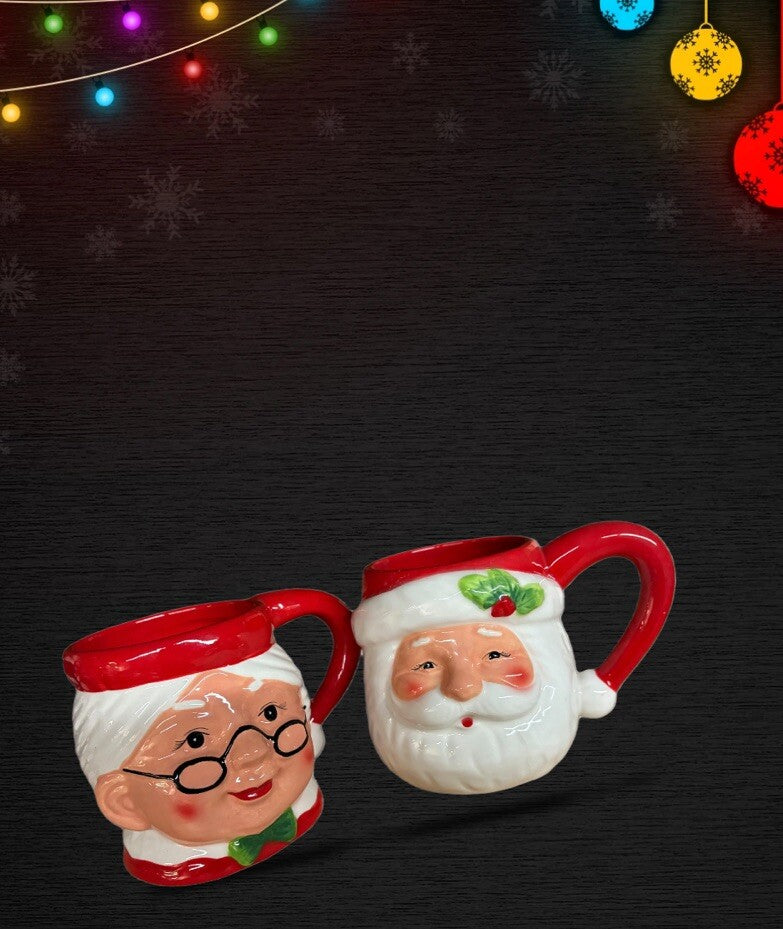 Pier 1 Imports 2- Mugs Santa & Mrs Claus Coffee Cups Hand Painted Dolomite 18oz