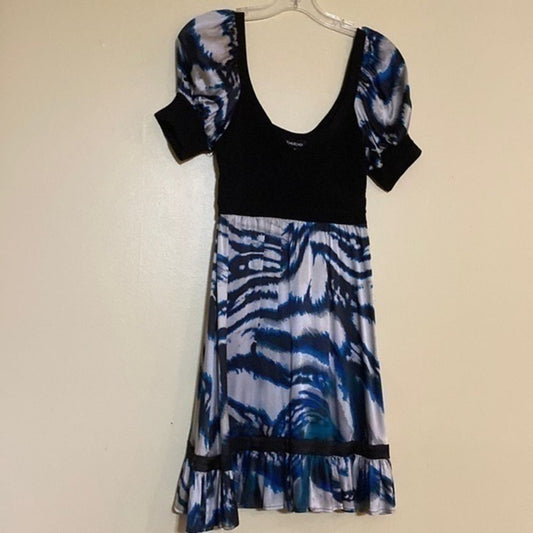 Bebe Puff Sleeve Flare Mini Dress Silk Spandex Small Black Blue