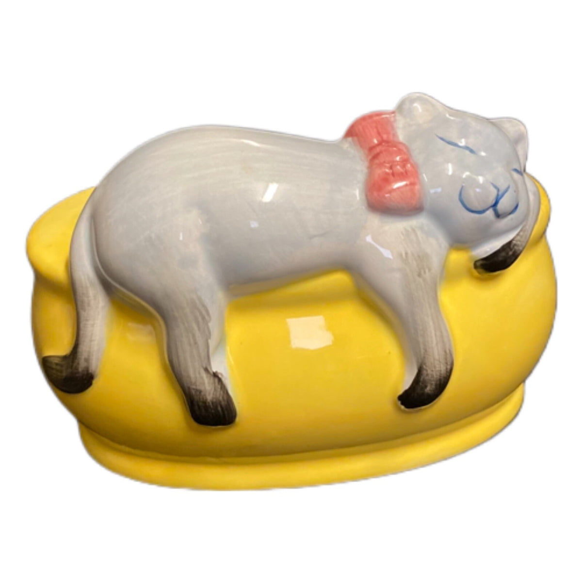 Ceramic Oval Yellow Planter Kitten Sleepy on Edge Cat Bluish Gray Meow Pink Bow