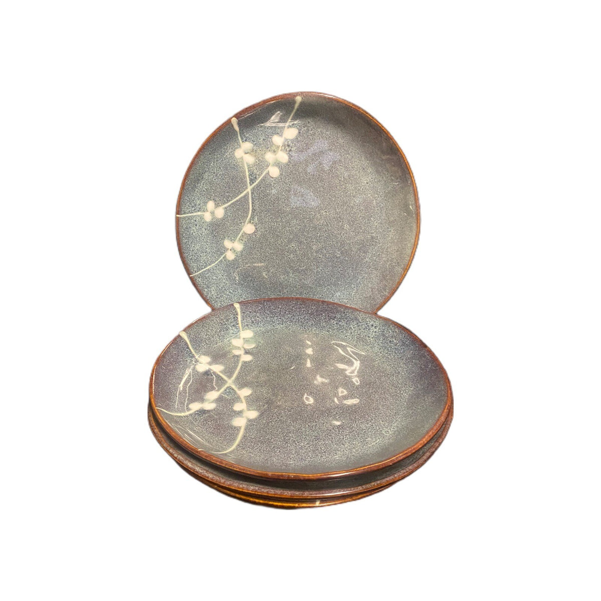 Oneida CHERRY BLOSSOM 4-Salad Plates Stoneware Dinnerware Green White Brown Trim