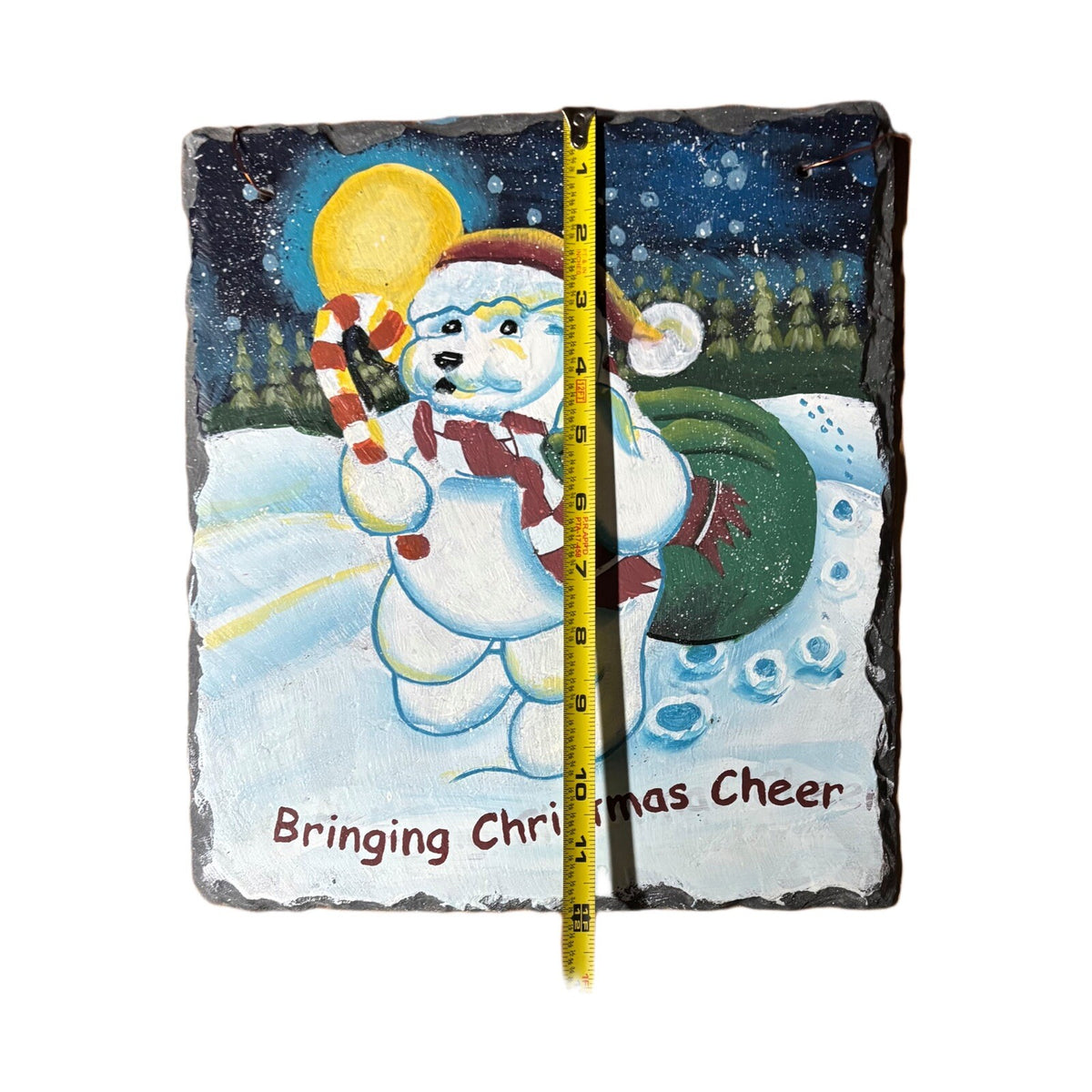 BRINGING CHRISTMAS CHEER Hand Painted Slate Hanging Home Decor Ornament Winter