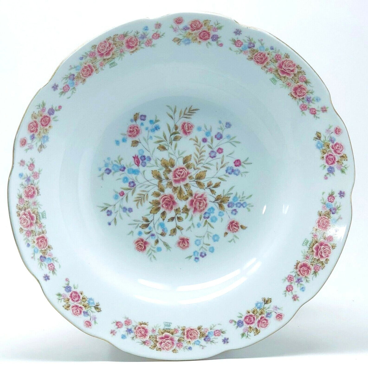 REMINGTON Fine China By Red Sea Pink Roses Blue Flowers Gold Trim Dinnerware