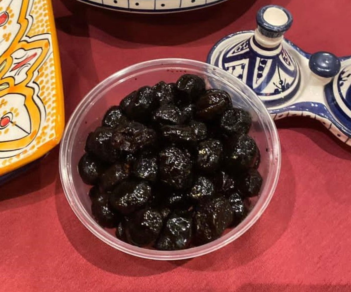 Moroccan Sun Cured Black Olives (No Pits) in Extra Virgin Olive Oil 8 Oz