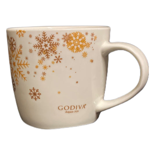 GODIVA BELGIUM Mug Christmas Snowflakes Coffee Tea Gold Winter Ceramic Cup 1926