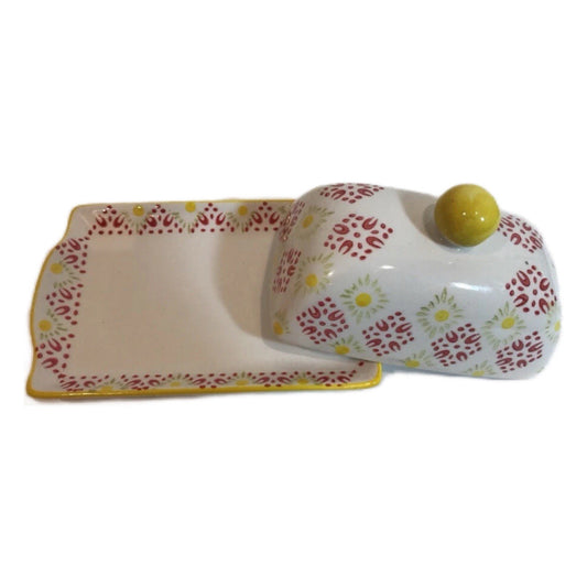 Signature Housewares Print 8 Butter Dish — Red, Yellow & Green Floral Geometric