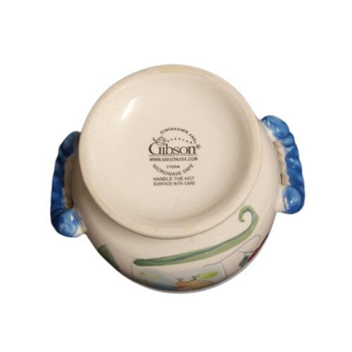 Gibson China COSABELLA Rooster Soup Cereal Bowl Blue Handles 5” Farmhouse