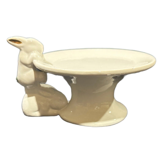 White Ceramic Bunny Pedestal Plate — Gold Ears, Cake Stand/Trinket Dish