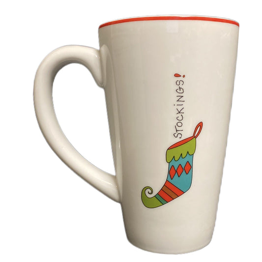 Fitz & Floyd HAPPY HOLIDAYS Tall Latte Mug Gourmet Stockings Coffee Tea Cup