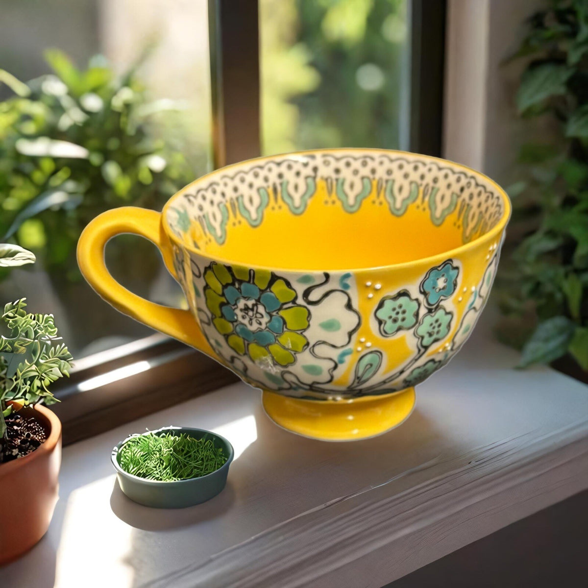 Anthropologie ELKA AYAKA Mug Yellow Floral Footed Pedestal Cup Twisted Handle