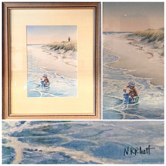 Nancy Ricker Rhett Signed Watercolor Print Child at Beach 11 x 9.5 Inches Framed