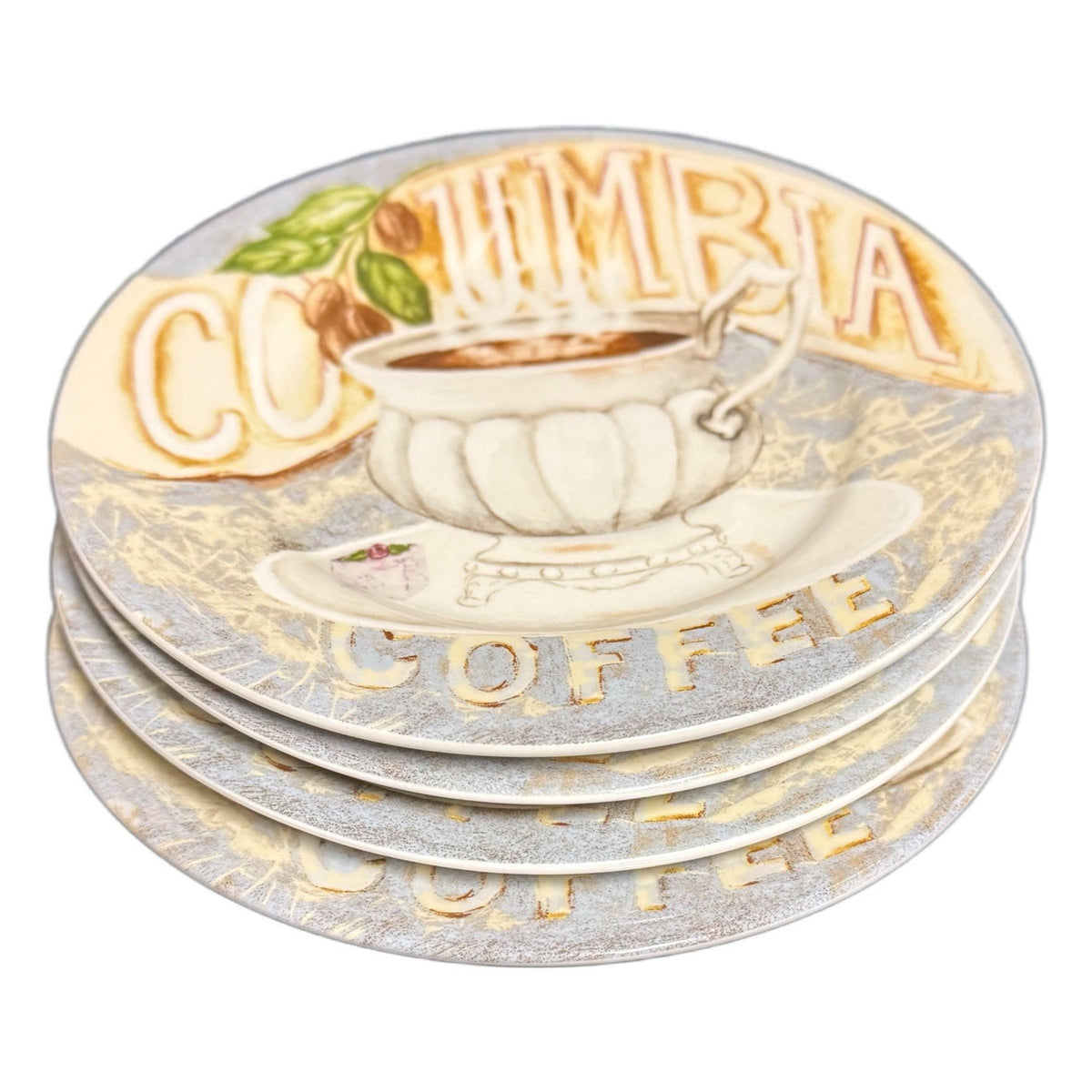 American Atelier COLUMBIA 4 Salad Plates Assorted Coffee Team Dessert Porcelain