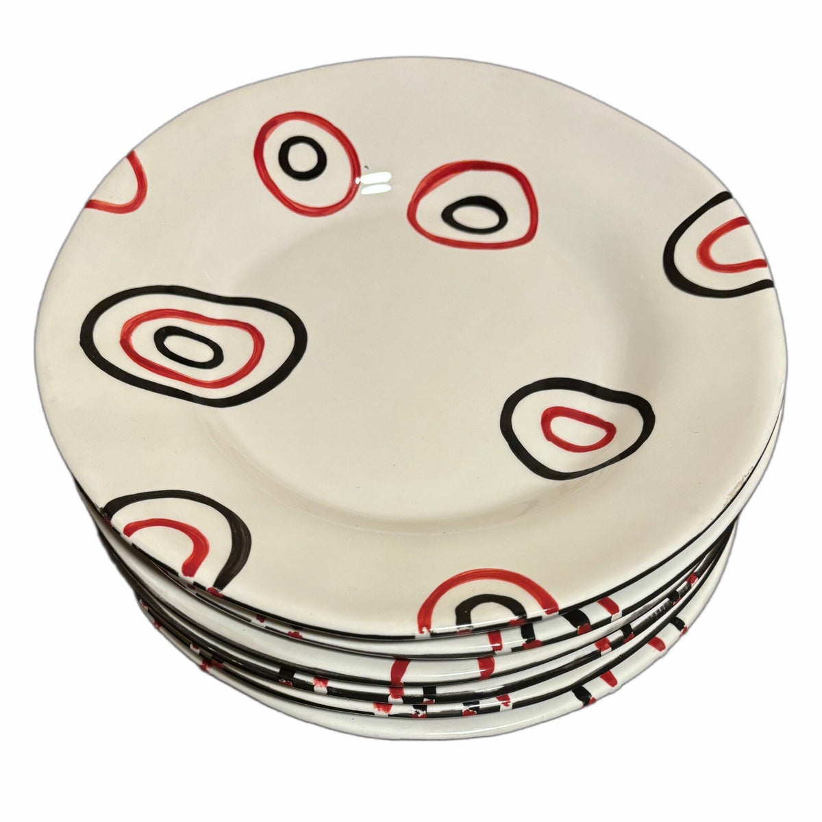 Tabletops Gallery BIJOU 6-Salad Plates Black Red White Hand Painted Dessert Dish