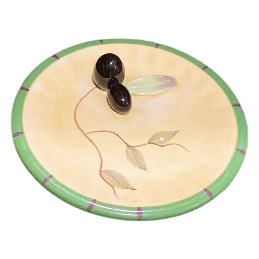 Vintage CALI Snack Canapé Plate Pottery Ceramic 3D Olives Oil Dip Green Border