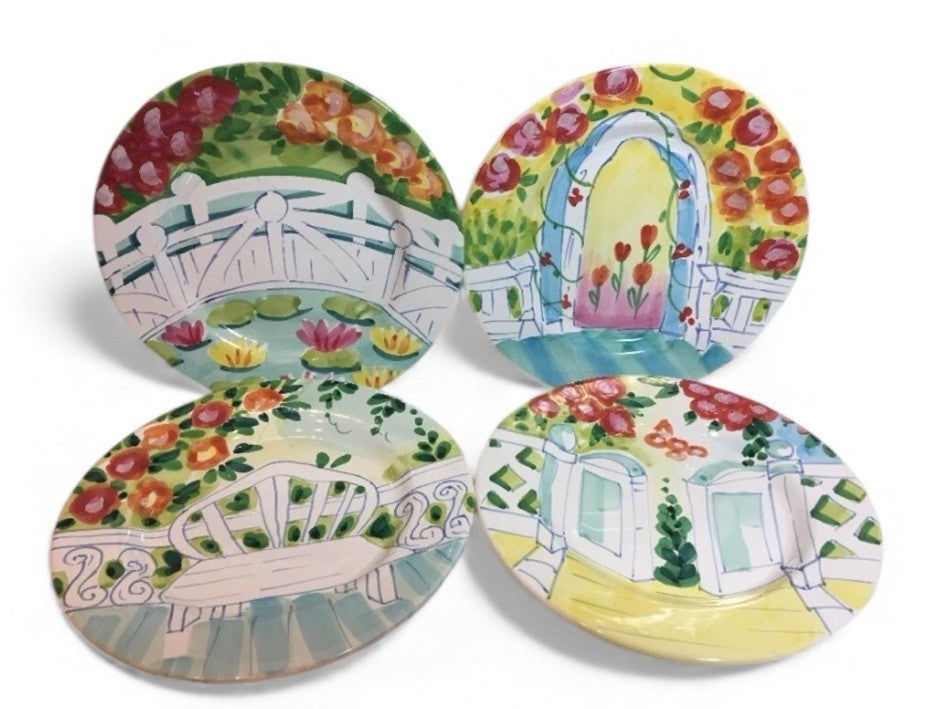 The Cellar Italy Salad Plates Set of 4 Hand Painted Garden Bench Floral 1996