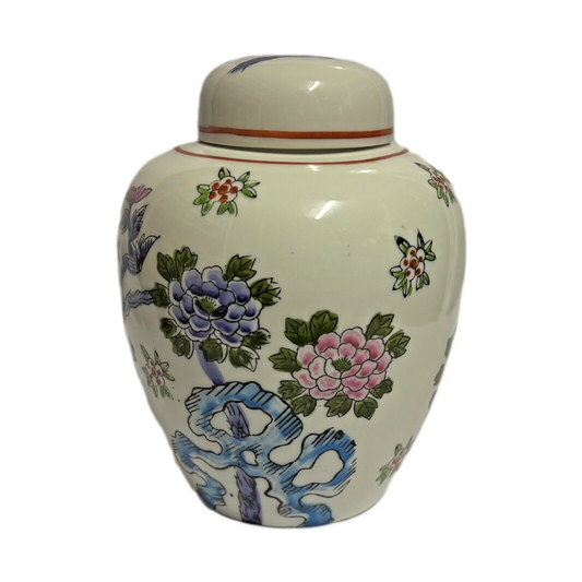 Japanese Hand-Painted Ginger Jar with Lid — Floral Porcelain (Vintage)