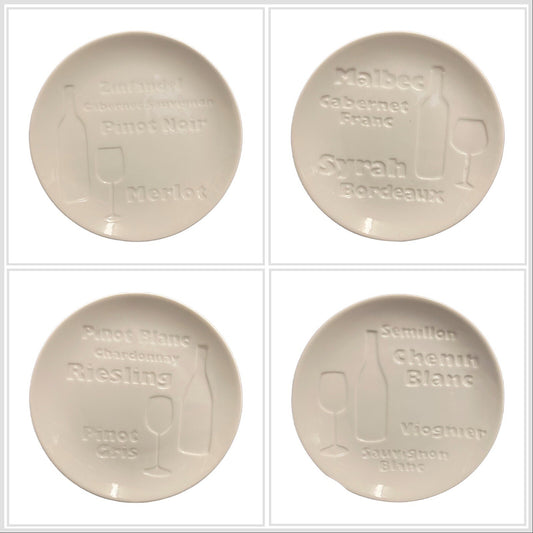 CORDON BLEU 4-Appetizer Plates Wine Themed White BIA Dessert Cheese Dish 6.5" D